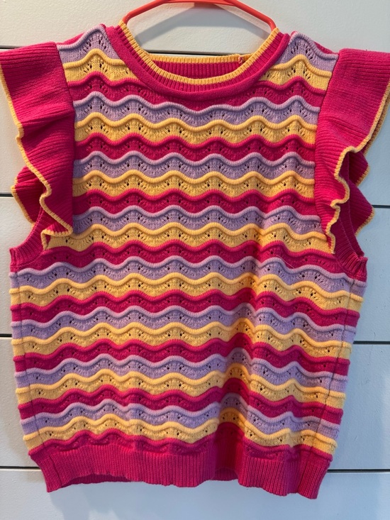 THML Sweaters - THML Wavy Stripe Ruffle Knit Tank Top - Hot Pink, Yellow & Lavender